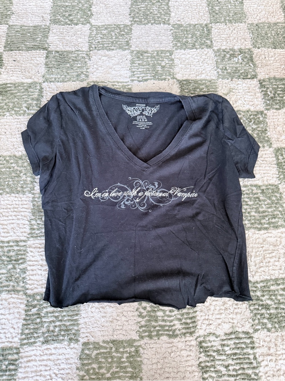 Savvy Black V-Neck Graphic Tee with Script Motif
